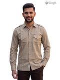 M Hunting Shirt in beige fabric with a front view design, featuring pockets and buttons, HUNTING SHIRTS-1310-25