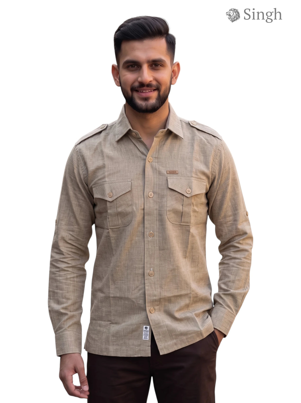 M Hunting Shirt in beige fabric with a front view design, featuring pockets and buttons, HUNTING SHIRTS-1310-25