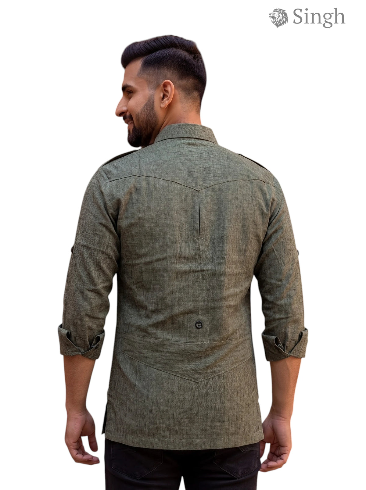 M Hunting Shirts in Olive Green Cotton Fabric, Back View - HUNTING SHIRTS-1310-250