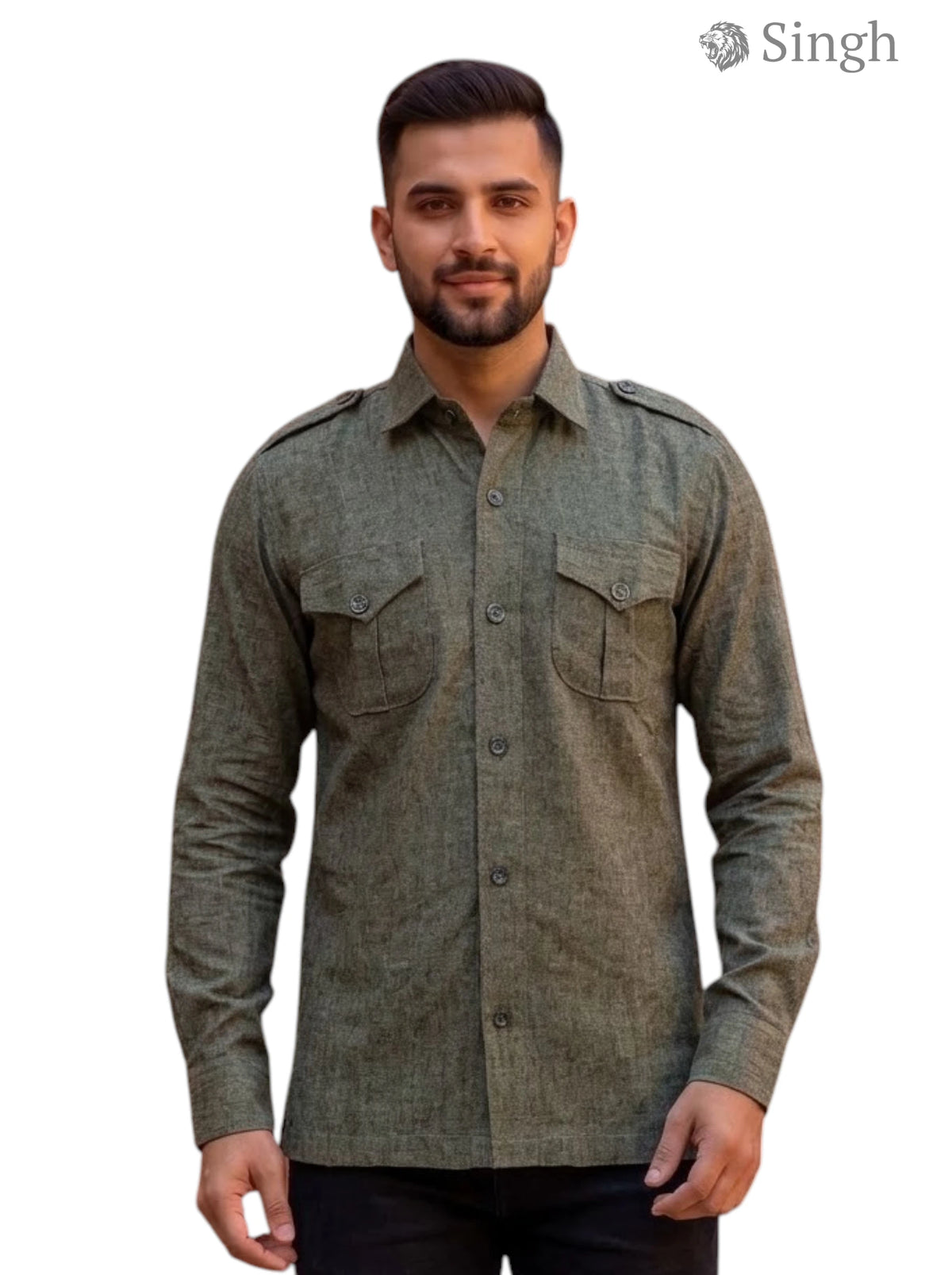 M Hunting Shirt in olive green made of breathable fabric, front view with shoulder patches, HUNTING SHIRTS-1310-250