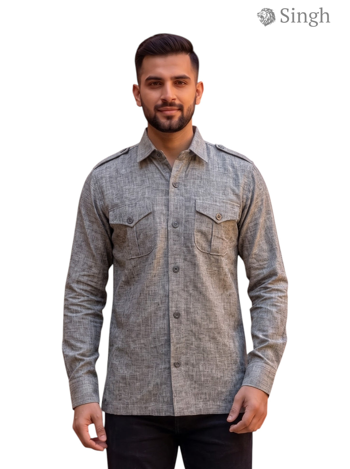 M Hunting Shirts in grey fabric front view featuring chest pockets, HUNTING SHIRTS-1310-250