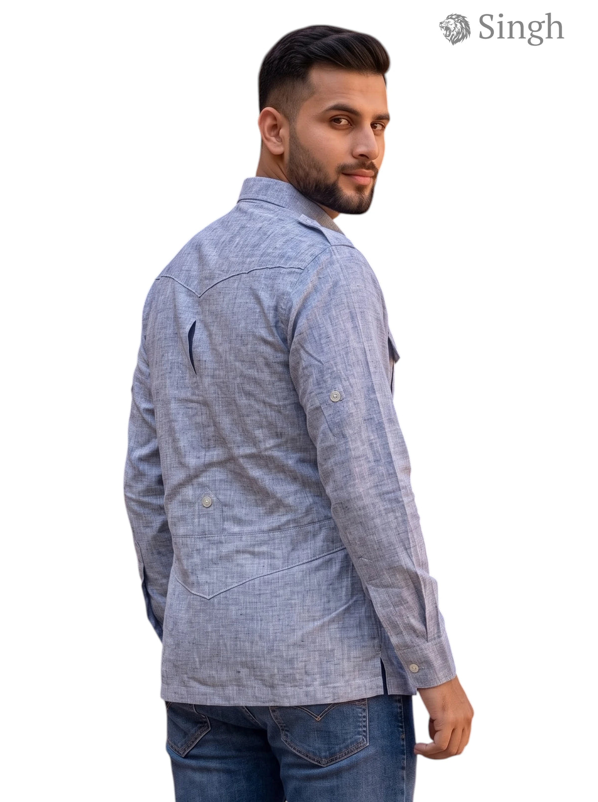 M Hunting Shirt in Blue Cotton, Back View, featuring a stylish design, HUNTING SHIRTS-1310-250