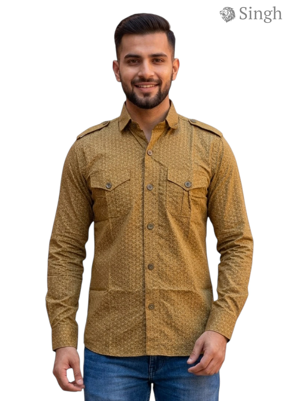 M Hunting Shirts in khaki cotton, front view featuring chest pockets and military-style design - HUNTING SHIRTS-1310-259