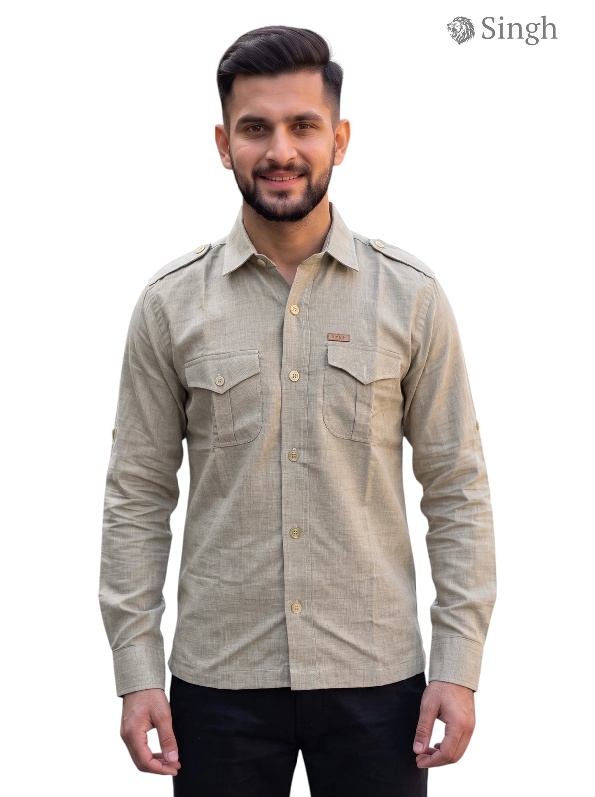 M Hunting Shirt in beige fabric with button pockets, featuring a front view. HUNTING SHIRTS-1310-26
