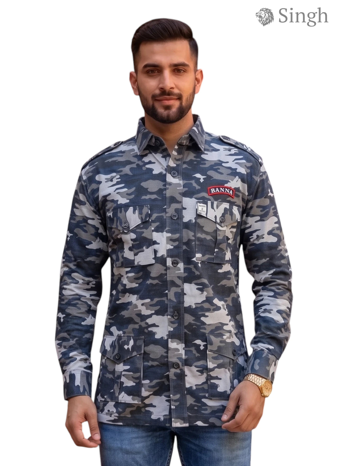 M Hunting Shirts in Camouflage Pattern, Cotton Fabric, Front View HUNTING SHIRTS-1310-268