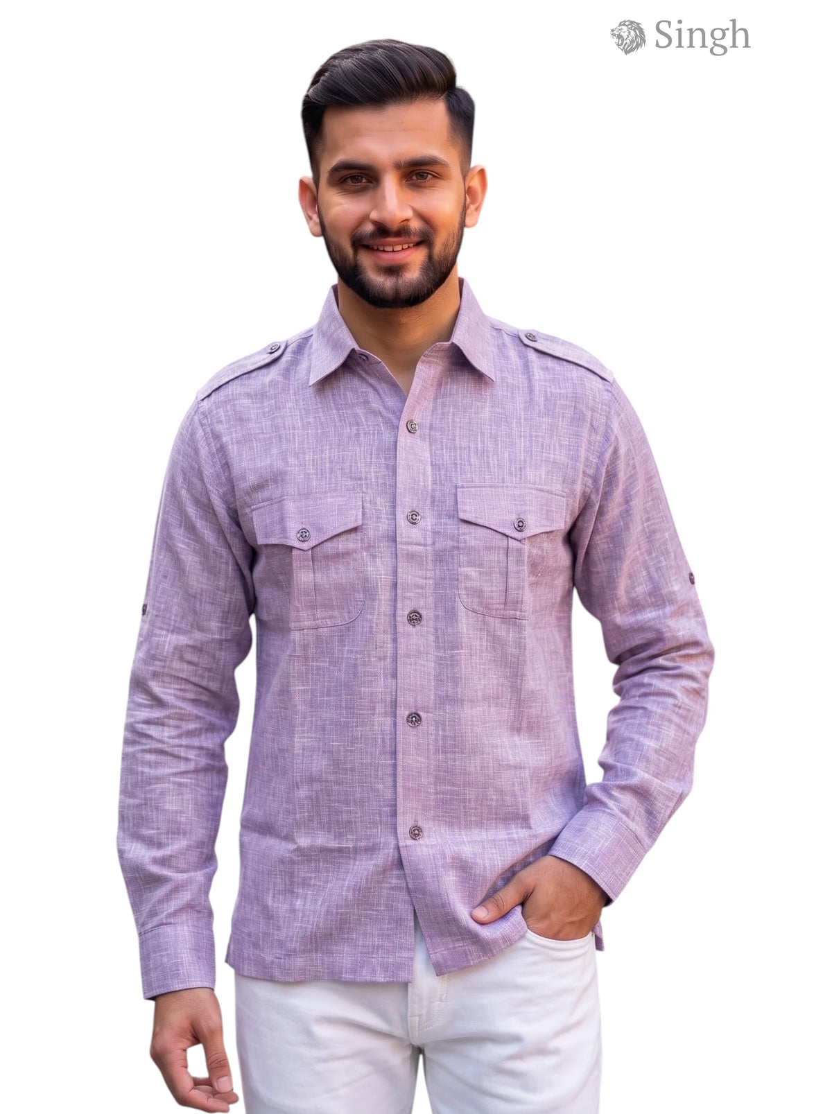 M Hunting Shirts in light purple fabric, front view with button-up design and pocket detail, HUNTING SHIRTS-1310-42