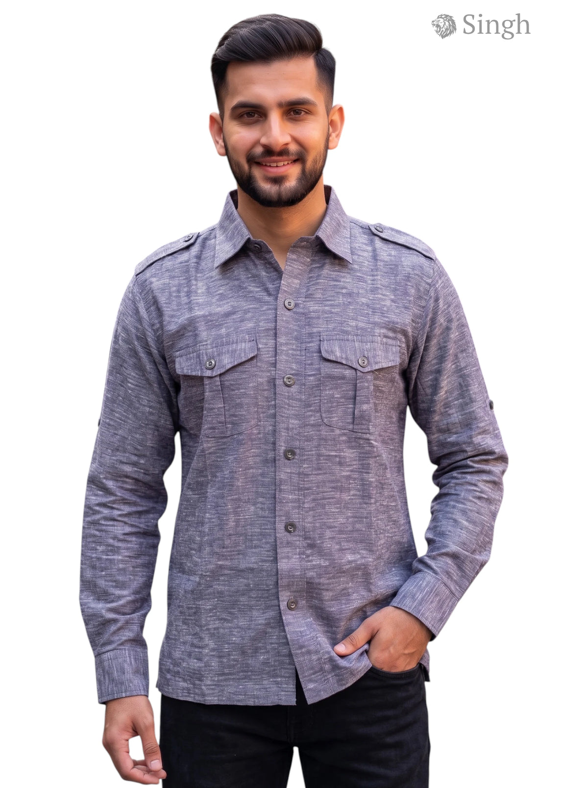 M Hunting Shirts in grey fabric, front view with button details and shoulder patches, HUNTING SHIRTS-1310-43