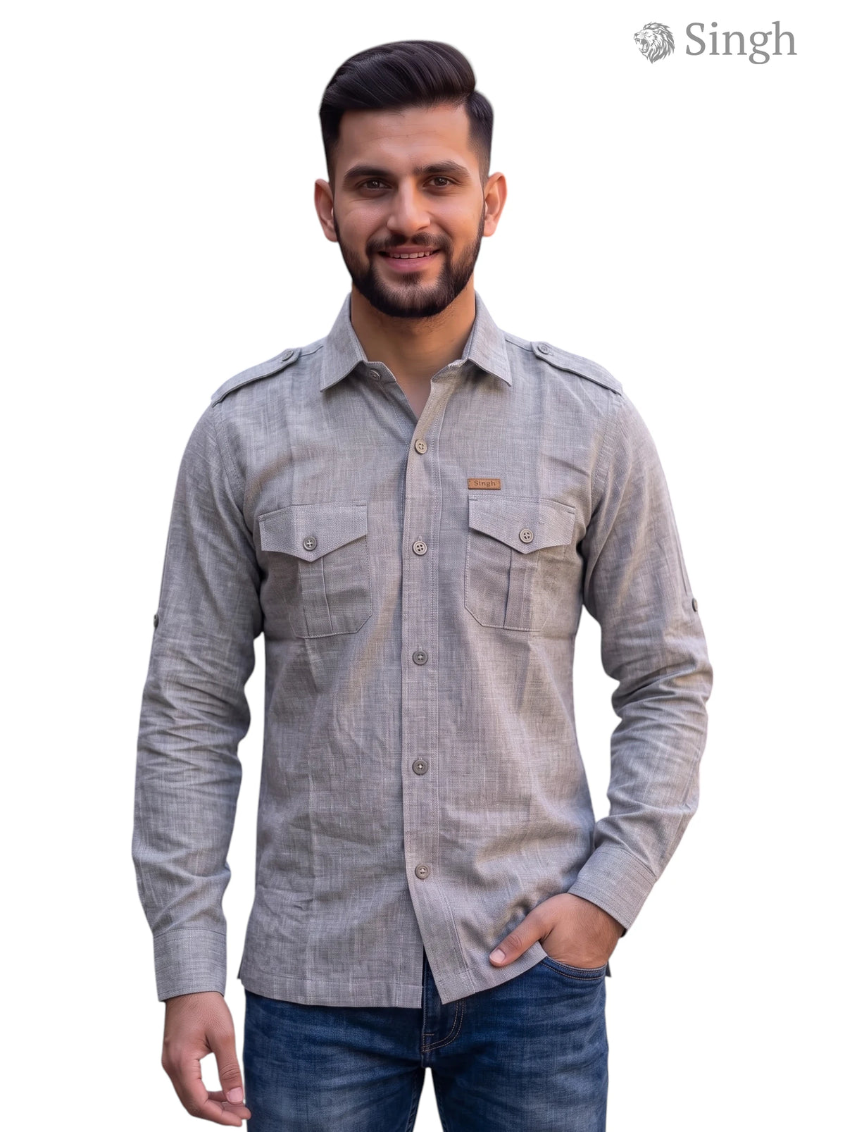M Hunting Shirts in gray fabric with dual chest pockets, casual style from Singh