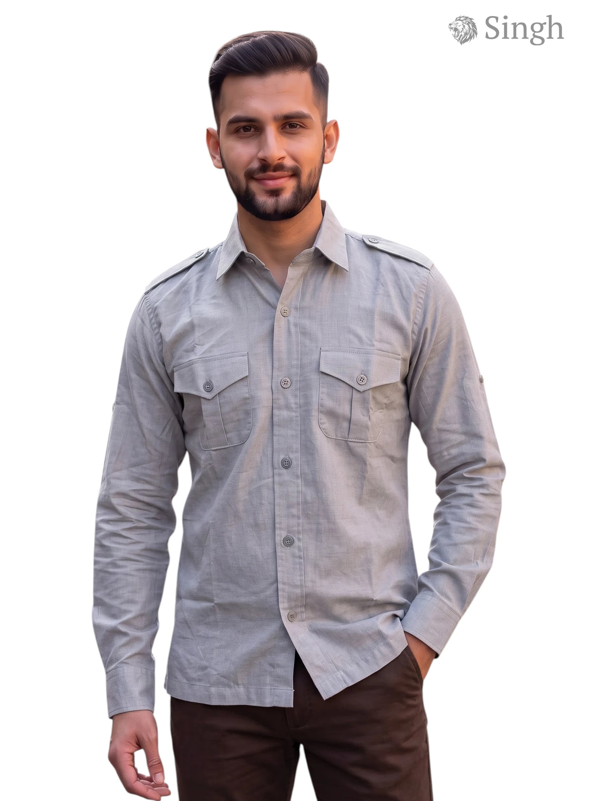 M Hunting Shirt in Light Grey Fabric with Front Pockets and Button-up Design – HUNTING SHIRTS-1310-50