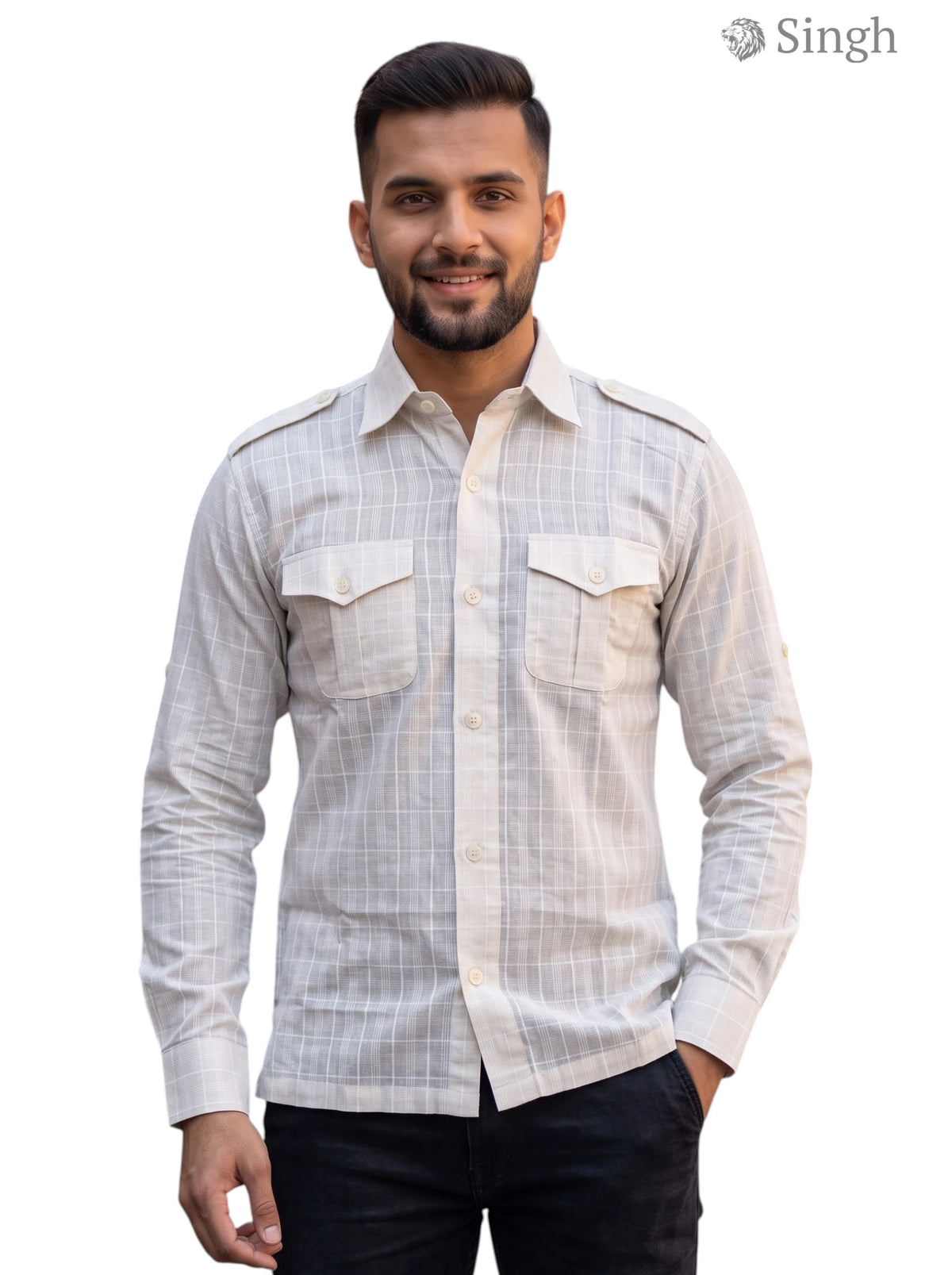 M Hunting Shirts in light gray plaid fabric, front view showcasing two chest pockets, HUNTING SHIRTS-1310-60