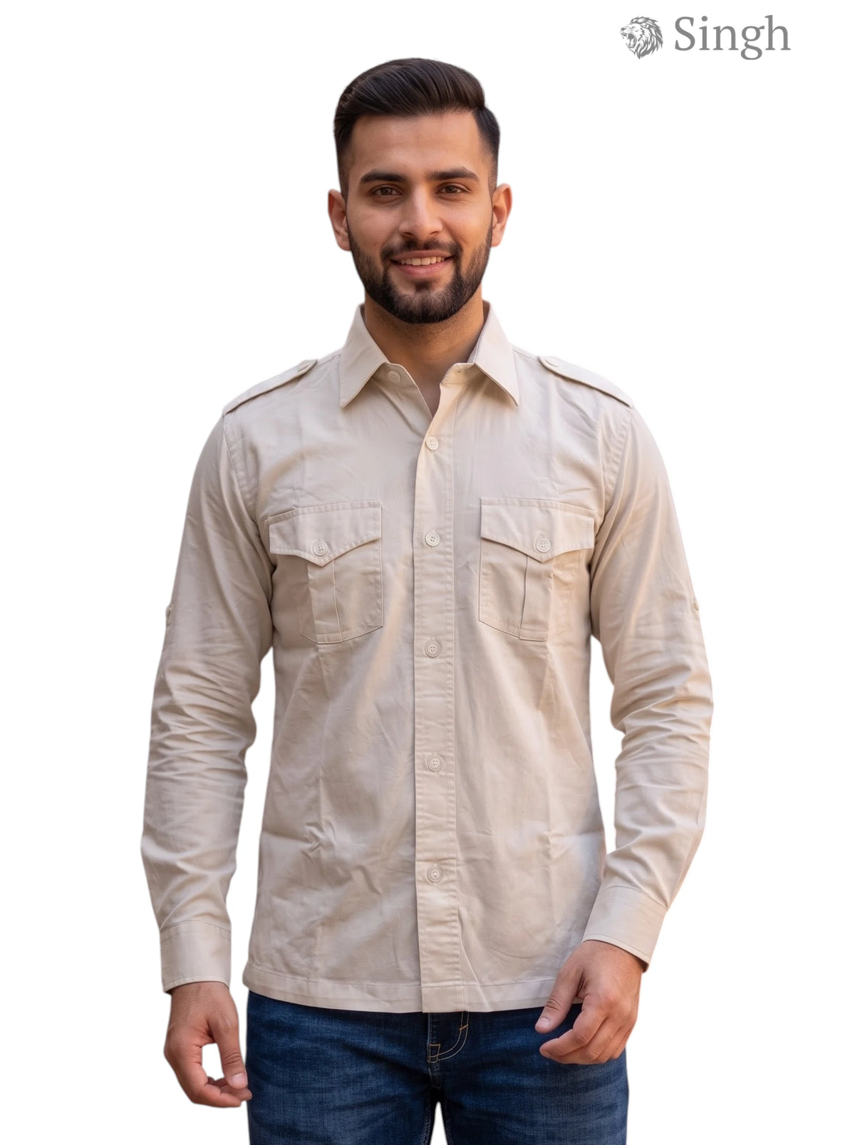 M Beige Cotton Hunting Shirt from SINGH with a front view and two chest pockets, HUNTING SHIRTS-1310-62