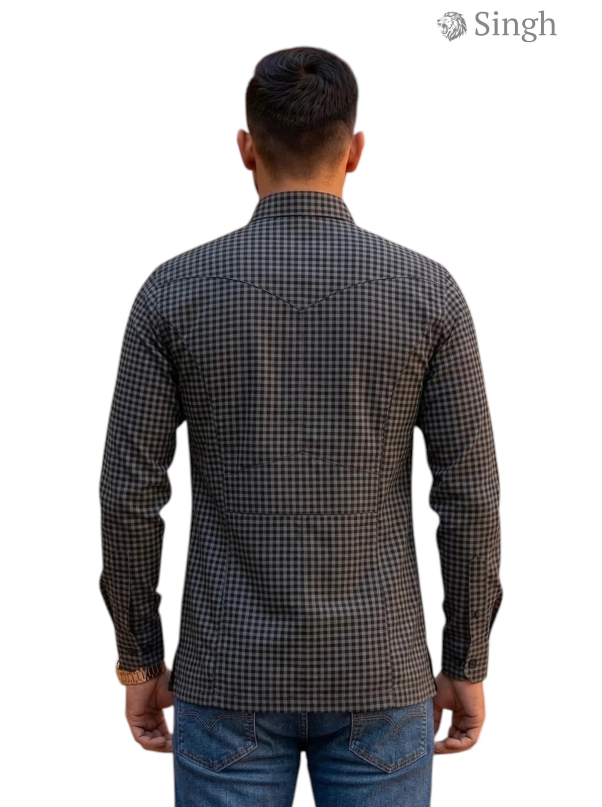 M Hunting Shirt in Black Checkered Fabric, Back View, HUNTING SHIRTS-1310-64