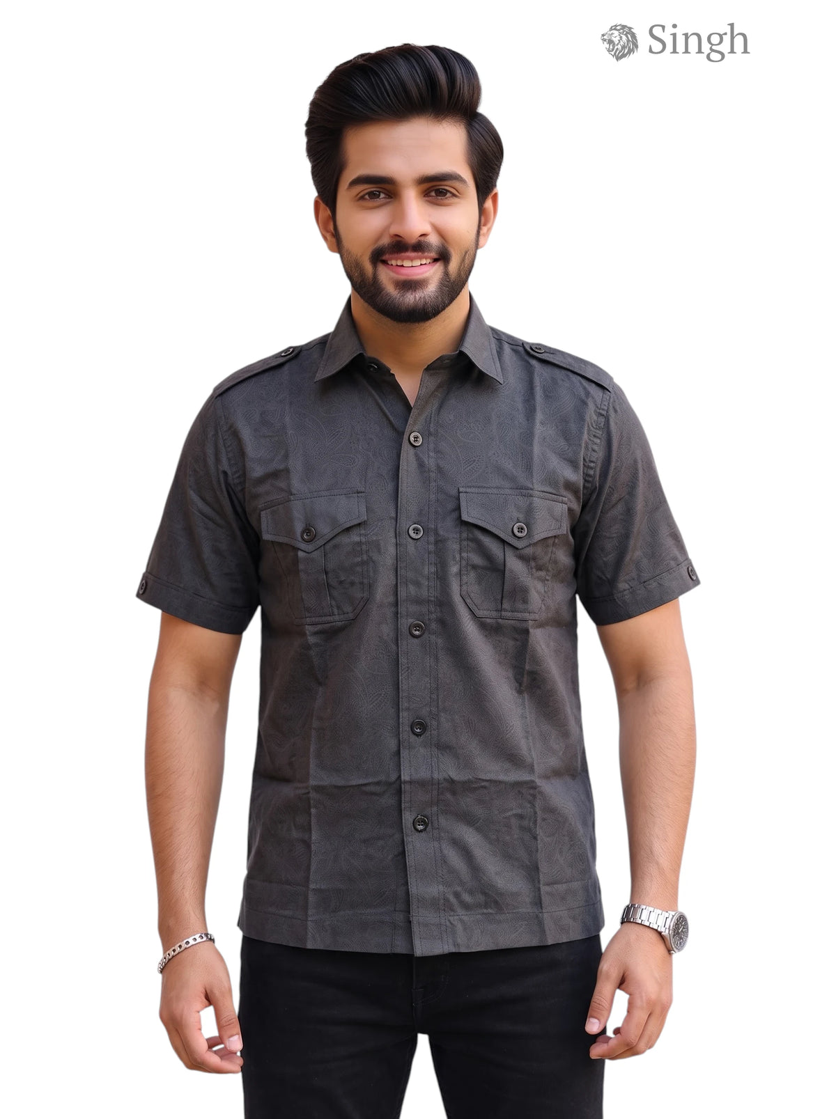 M Hunting Shirts in dark grey fabric with short sleeves and a front button design, HUNTING SHIRTS-1310-65