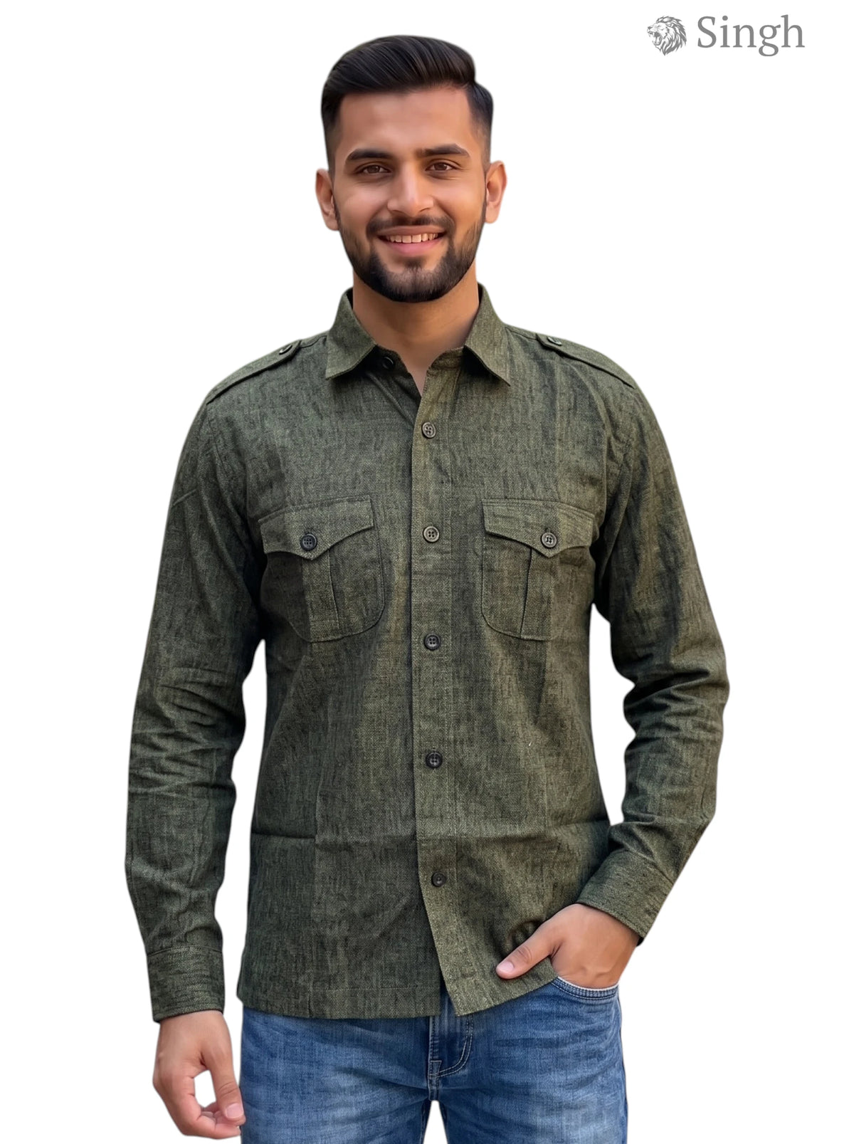 M Hunting Shirt in Olive Green Fabric from SINGH with a Front View Design for Men - HUNTING SHIRTS-1310-73