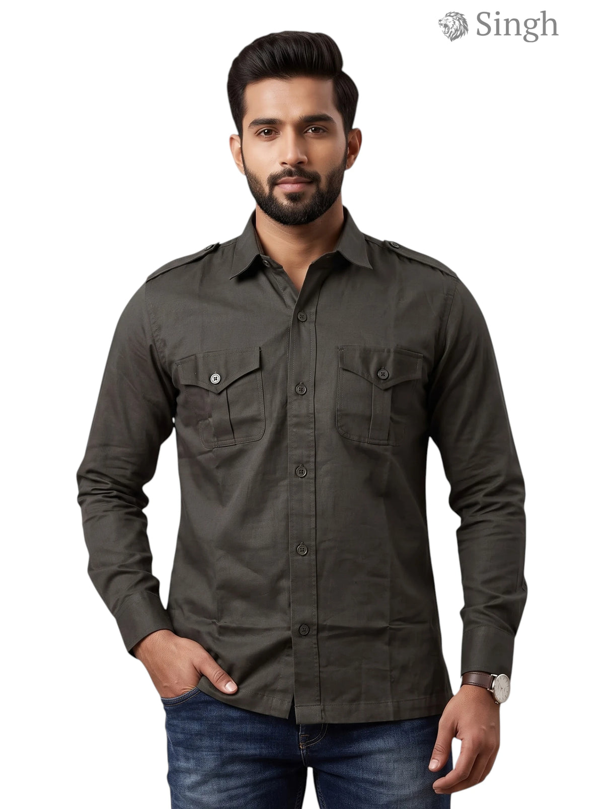 M Hunting Shirts in dark green fabric with button-up front, displayed at a frontal angle - HUNTING SHIRTS-1310-74