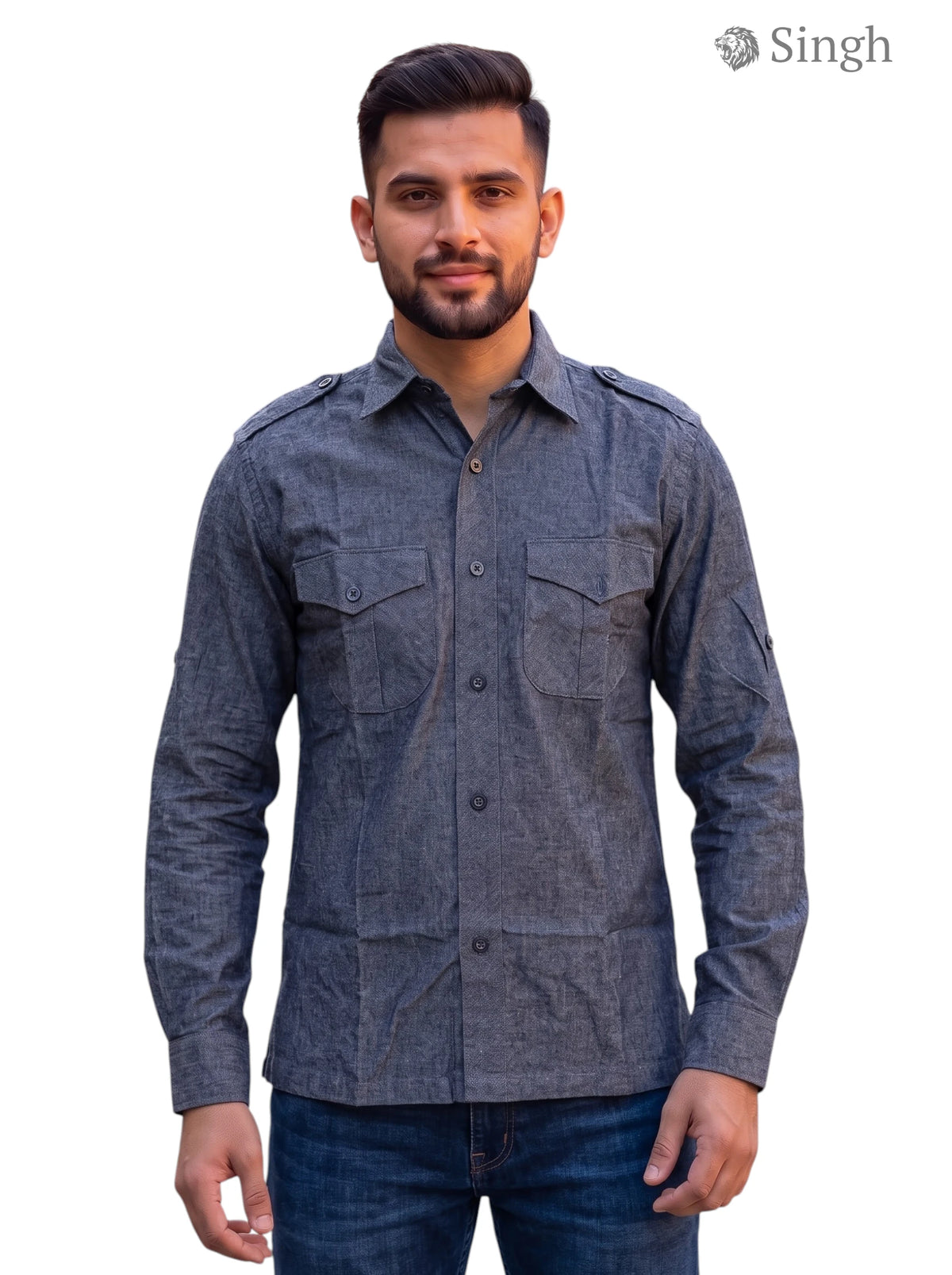 M Gray Cotton Hunting Shirt-1310-75 with Dual Chest Pockets and Stylish Design
