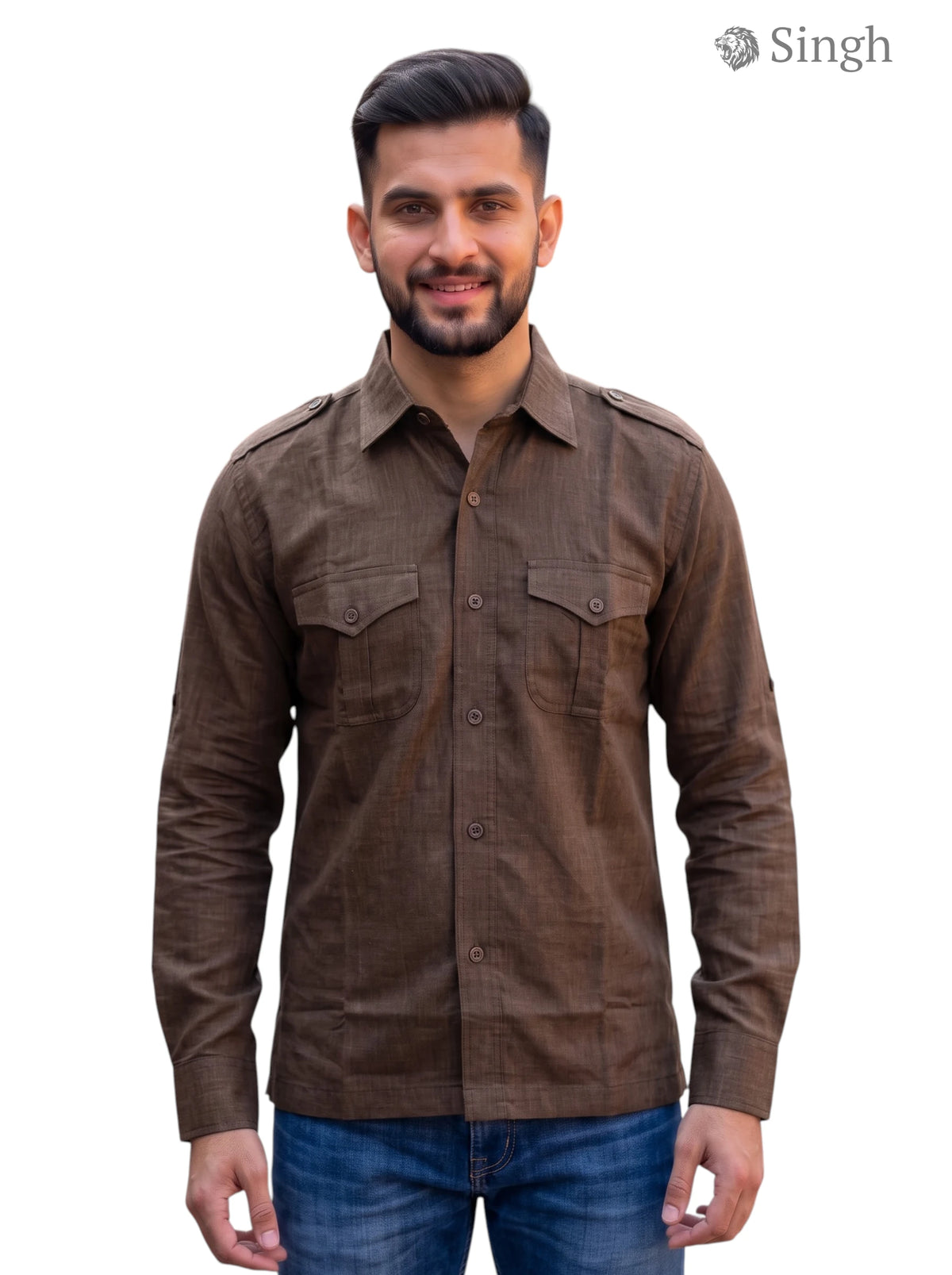 M Brown Cotton Hunting Shirts-1310-77 shown from the front with button-down design and chest pockets