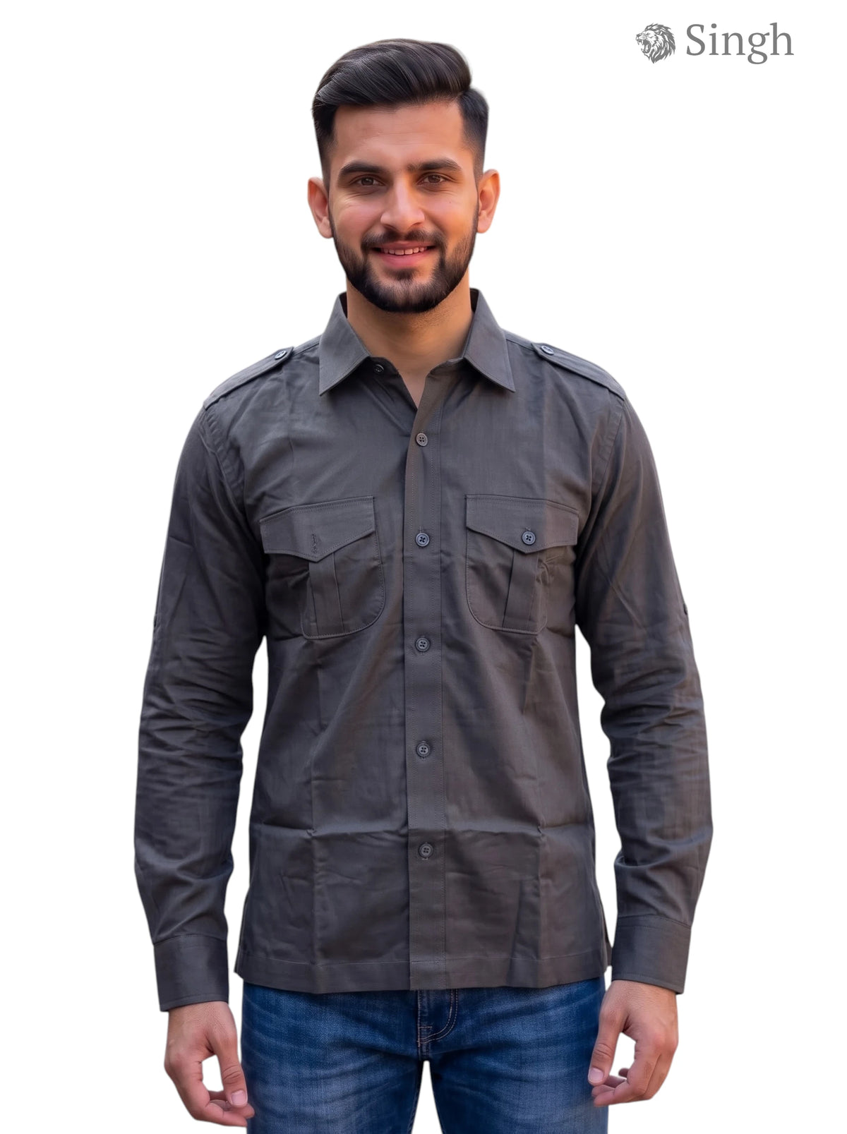 M Hunting Shirt in gray cotton, front view showcasing pockets, HUNTING SHIRTS-1310-78