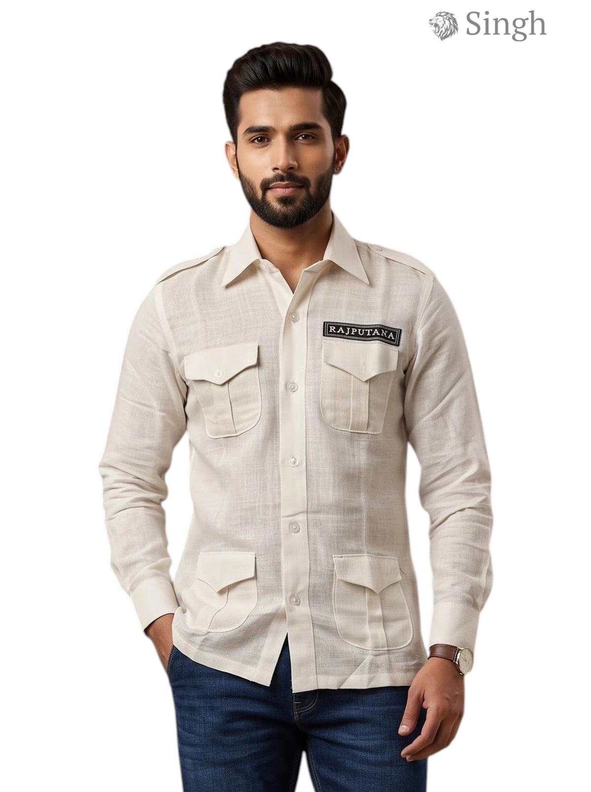 M Hunting Shirts in beige cotton fabric, front view featuring dual chest pockets - HUNTING SHIRTS-1310-82