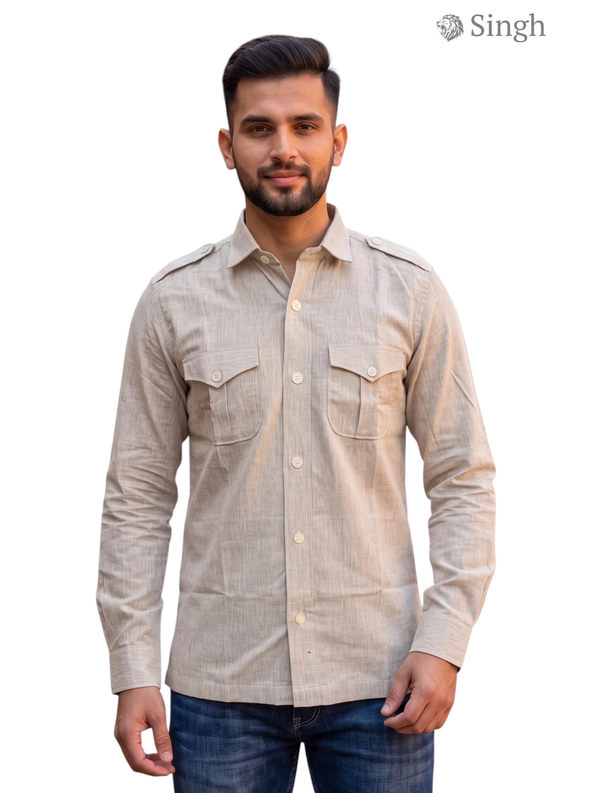 Hunting Shirts-1310-83 beige cotton fabric front view with stylish pockets and button detail