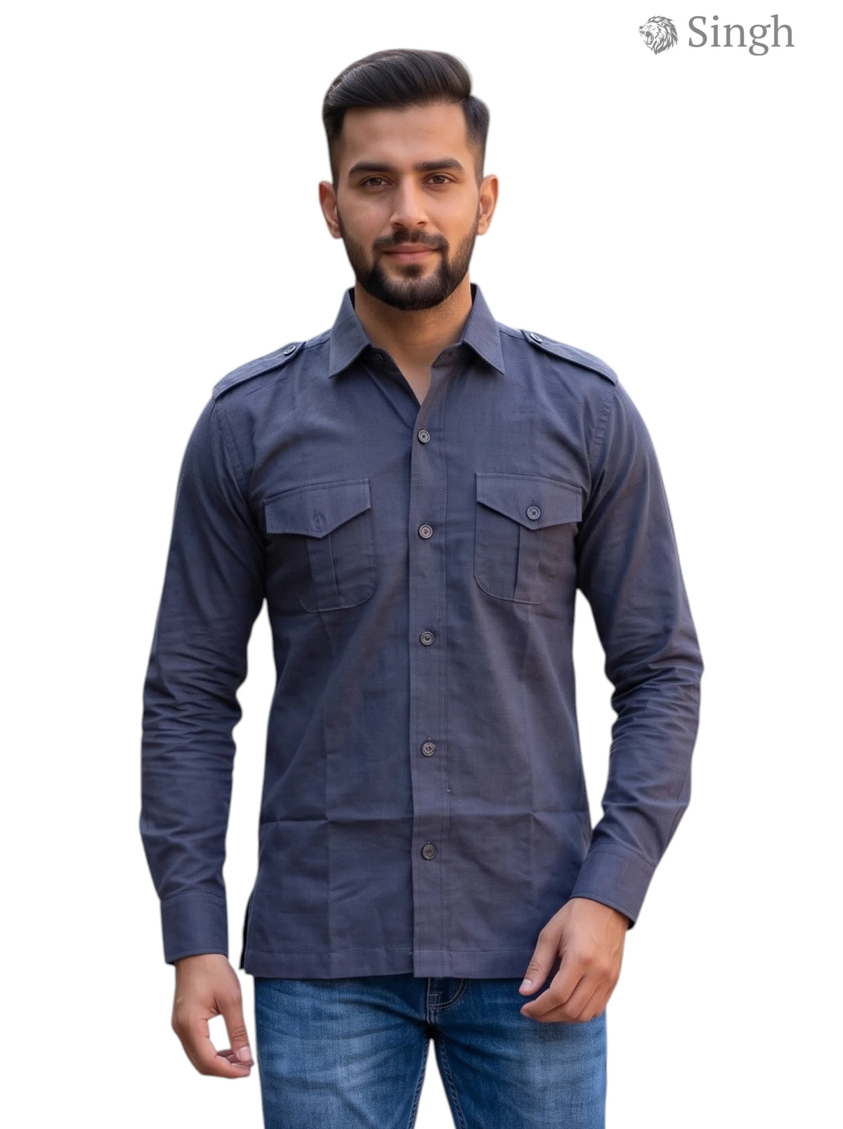 M Hunting Shirt in navy color made of durable fabric, front view featuring button closure and chest pockets, HUNTING SHIRTS-1310-90