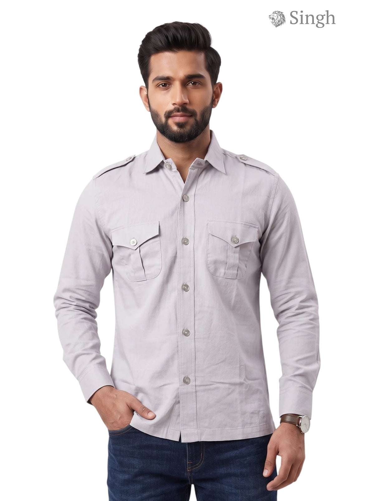 M Hunting Shirts in light gray cotton fabric, front view showcasing button details, HUNTING SHIRTS-1310-91