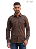M Hunting Shirts in brown fabric with a front view, featuring dual chest pockets and a modern fit, HUNTING SHIRTS-1310-93