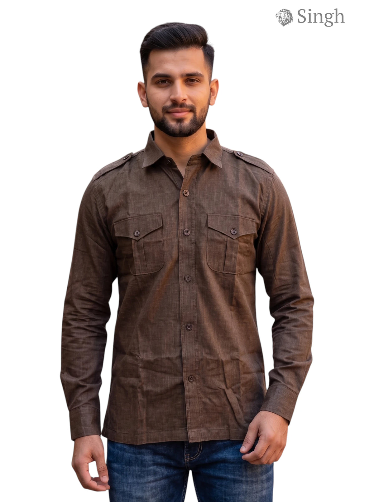 M Hunting Shirts in brown fabric with a front view, featuring dual chest pockets and a modern fit, HUNTING SHIRTS-1310-93