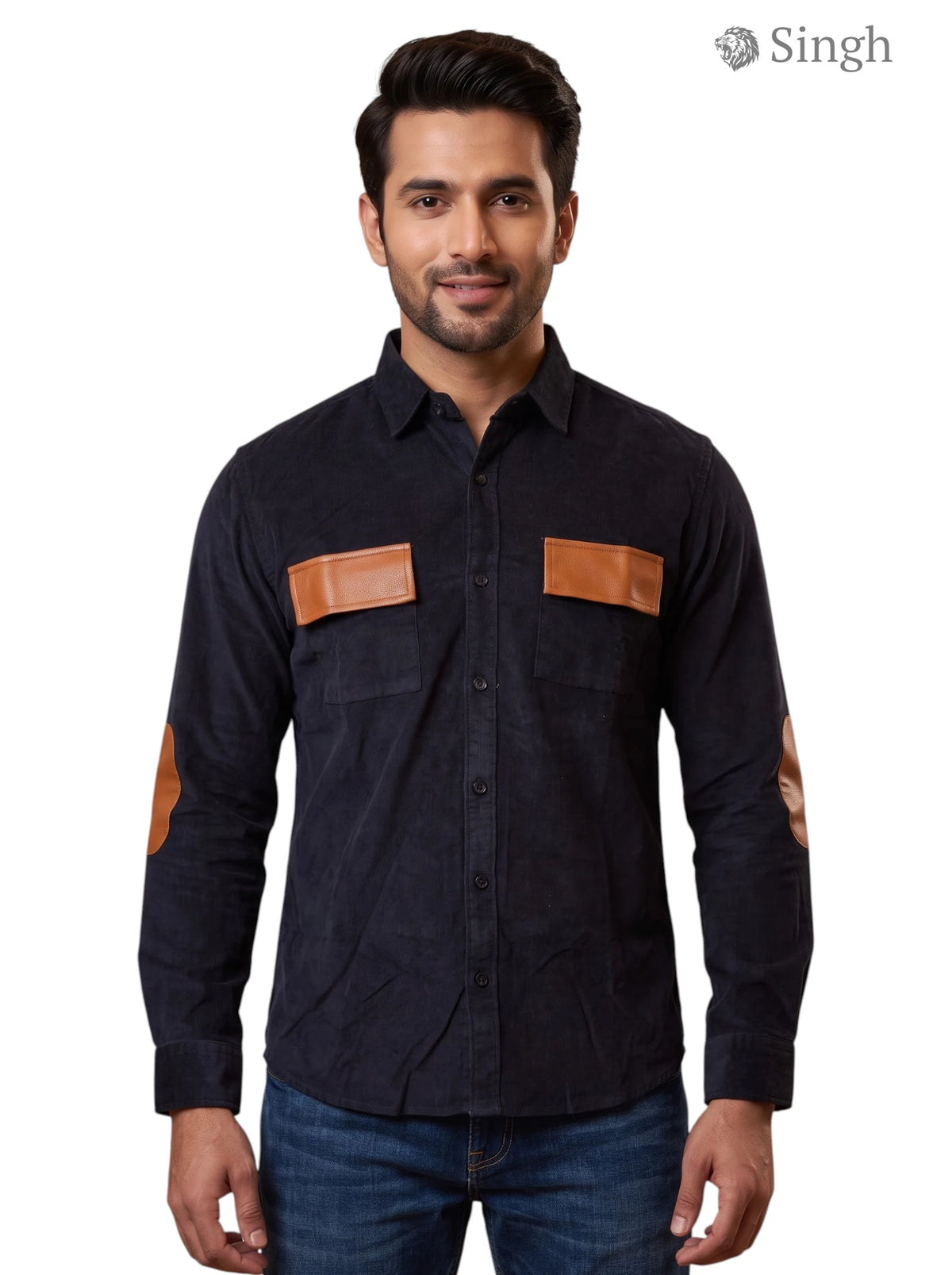 M Hunting Shirts in navy blue with suede fabric and leather patches, featuring a front view