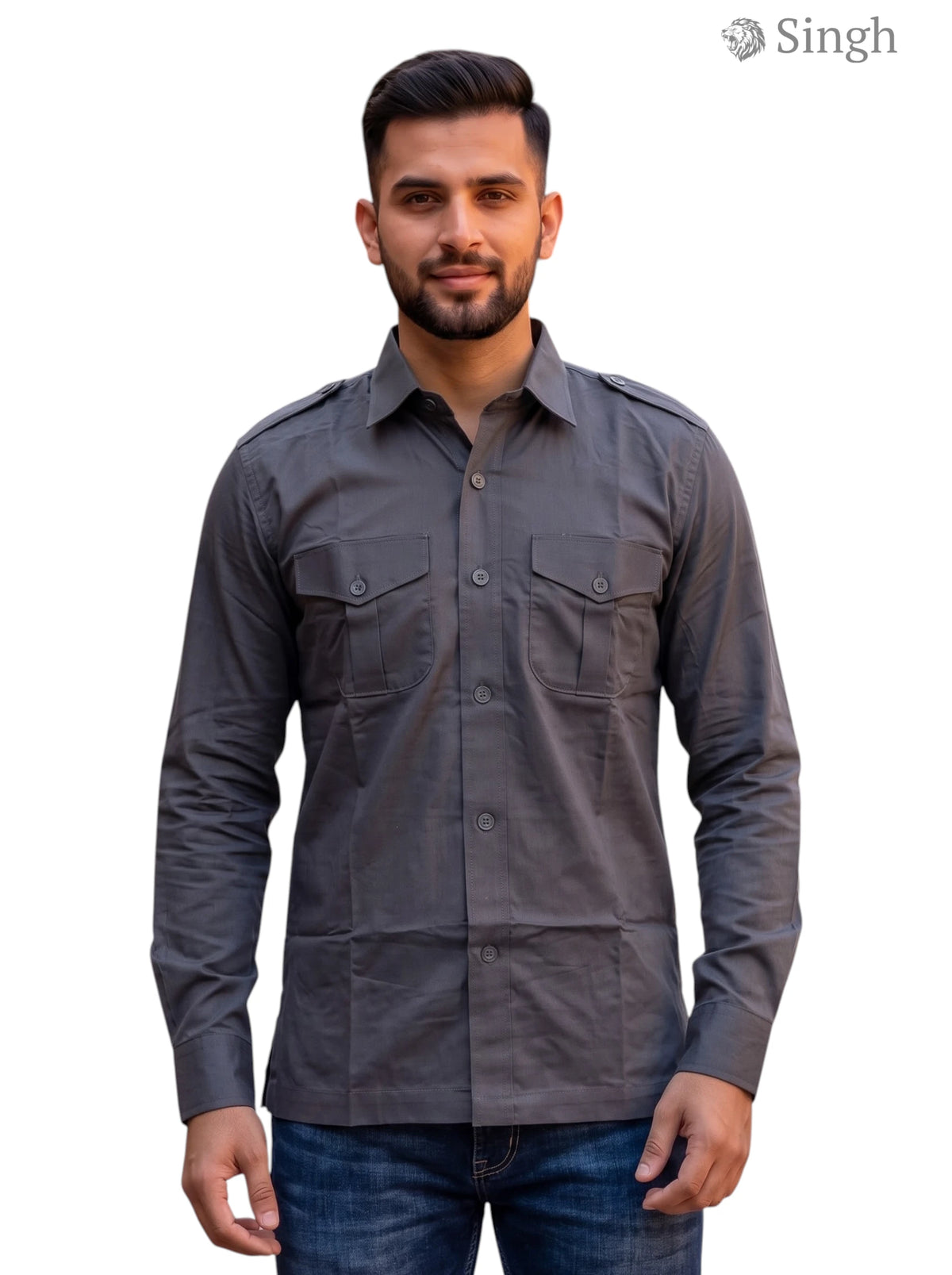 M Hunting Shirts in gray cotton fabric, front view showcasing stylish design and pocket details - HUNTING SHIRTS-1310-99