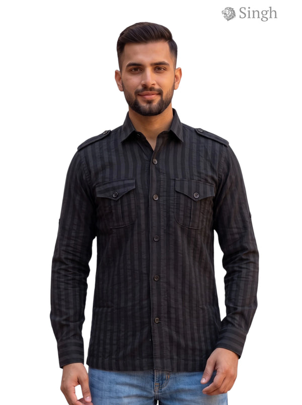 M Hunting Shirts in black striped fabric, front view HUNTING SHIRTS-1320-204 by SINGH