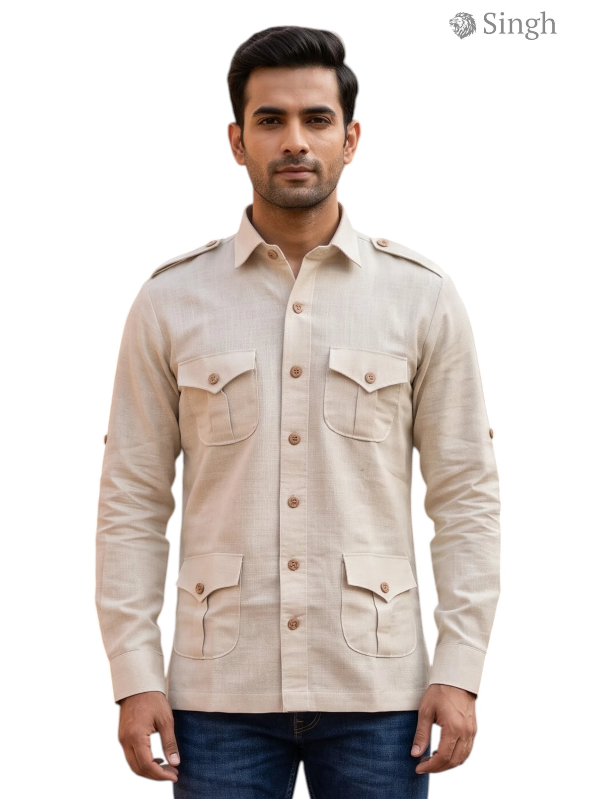 M Hunting Shirt in beige fabric, front view featuring multiple pockets, HUNTING SHIRTS-4P 1307-5