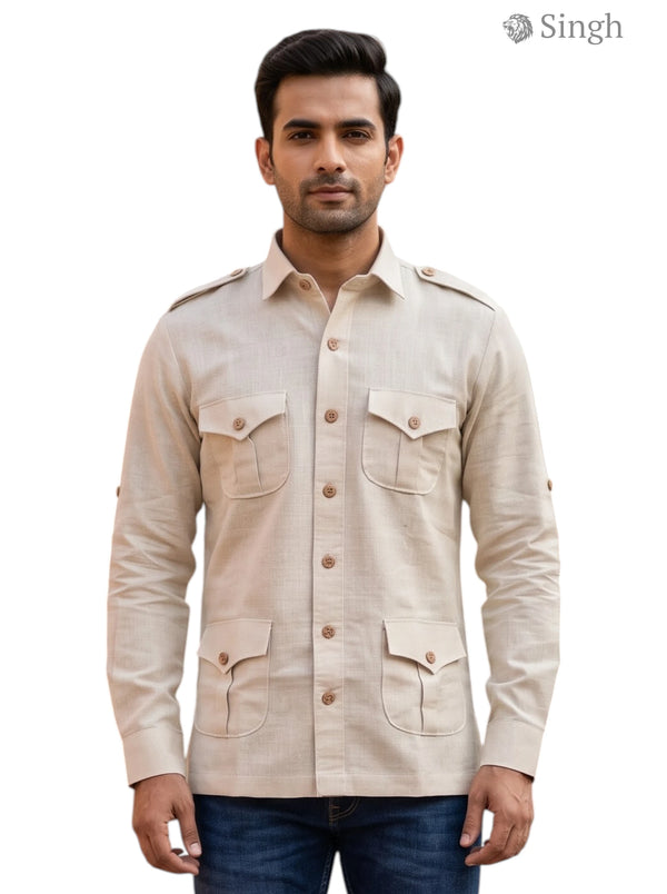 M Hunting Shirt in beige fabric, front view featuring multiple pockets, HUNTING SHIRTS-4P 1307-5