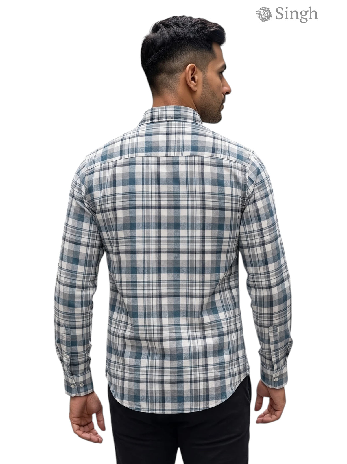 Men's plaid shirt in blue and gray cotton, back view featuring HUNTING SHIRTS-5029-8
