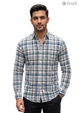 Men's blue and gray plaid shirt in cotton, front view, featuring HUNTING SHIRTS-5029-8