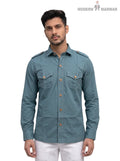 M Shirts in teal cotton fabric, front view featuring two chest pockets, HUNTING SHIRTS(MENS)-1304-4