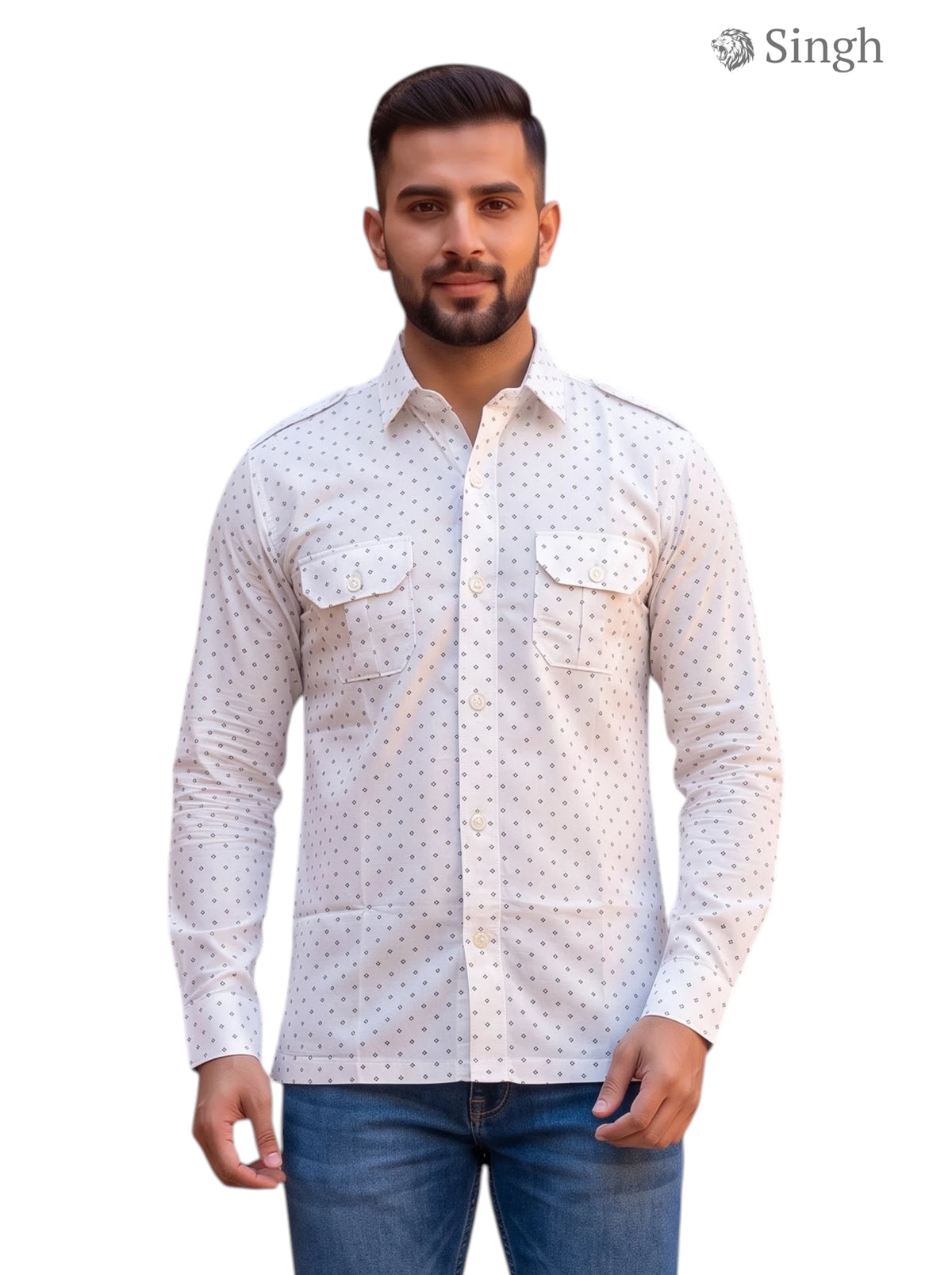 M White Cotton Hunting Shirt-1308-151 with a Classic Fit and Buttoned Pockets