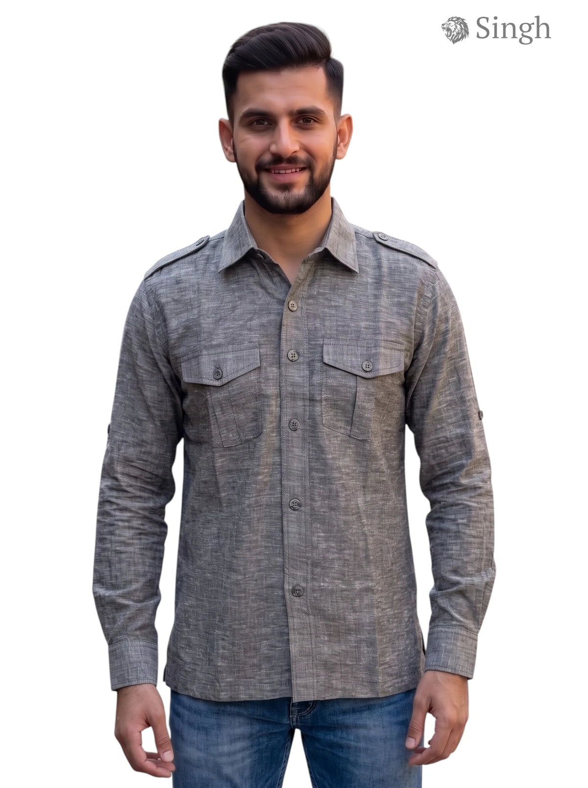 M Hunting Shirts in gray fabric with a front view showcasing button details and pockets, HUNTINGSHIRTS-1310-92