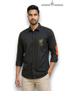M Shirt in Black Cotton with Front Logo and Elbow Patches featuring Imperial Deer Black Shirt