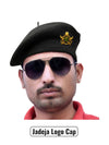 Default black beret cap made of fabric at a frontal angle featuring Jadeja Logo & Beret Cap By Singh Brand
