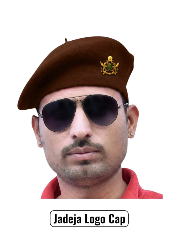Brown wool beret cap worn by a model featuring Jadeja Logo & Beret Cap By Singh Brand