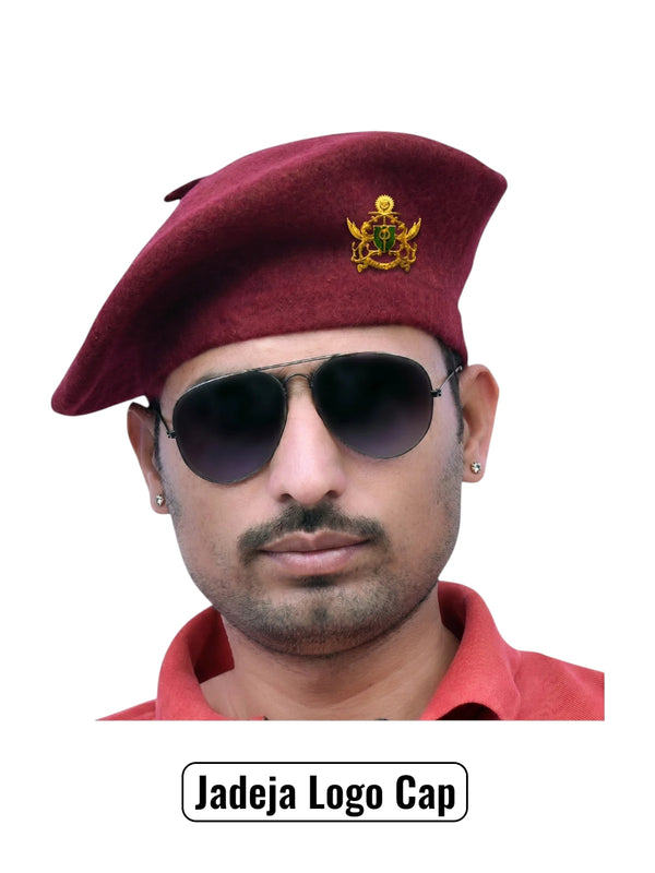 Default maroon beret cap in fabric angle featuring Jadeja Logo & Beret Cap By Singh Brand