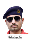 Default navy beret cap made of fabric worn at an angle featuring Jadeja Logo & Beret Cap By Singh Brand