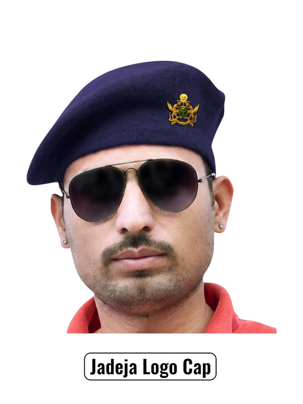 Default navy beret cap made of fabric worn at an angle featuring Jadeja Logo & Beret Cap By Singh Brand