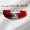 Jai Maa Karni moli bracelet with colorful threads and a silver emblem for spiritual wear