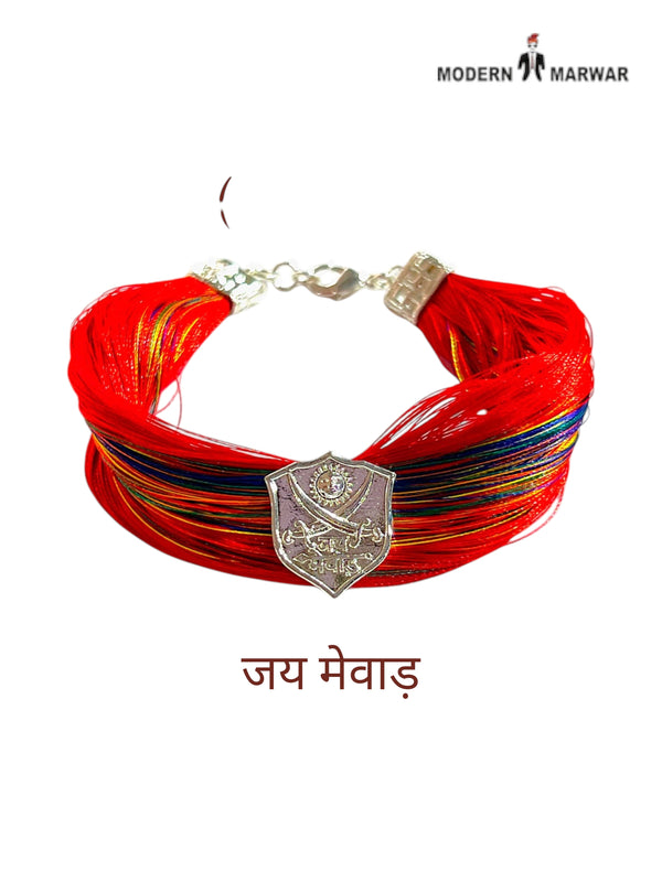 Default red multicolor fabric Jai Mewar moli bracelet from SINGH in a stylish angle