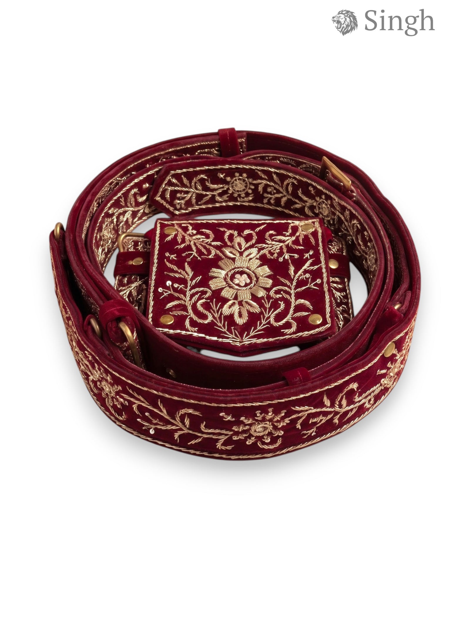 Red JARDOJI BELT-5600 in velvet fabric with intricate embroidery design