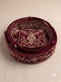 Embroidered burgundy velvet belt shown from above, featuring JARDOJI BELT-5600 design details