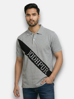 M'TSHIRTS gray cotton fabric front view with jodhpur logo t-shirts design