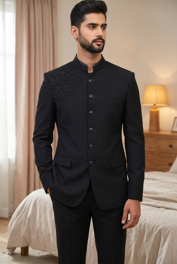 Jodhpuri Suit Black Suit 7664 in black fabric, front view with intricate shoulder design